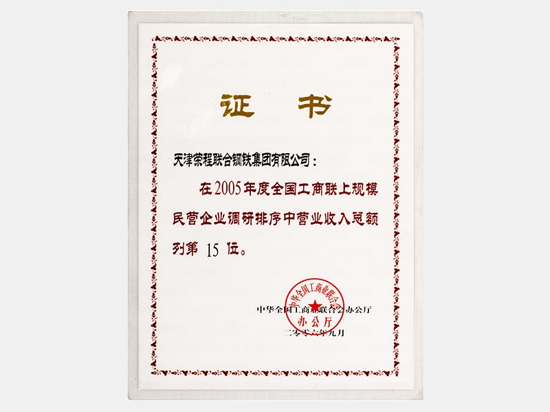 在2005年度全國工商聯上規模民營企業調研排序中營業收入總額列第15位